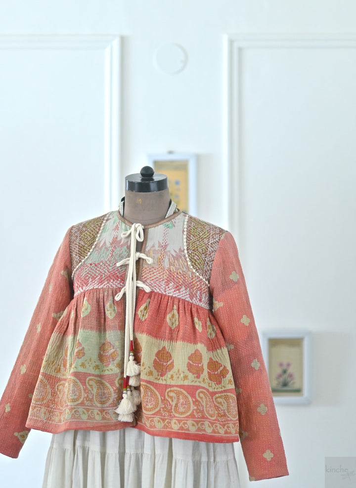 Small, Istanbul, Hand Crafted & Hand Embroidered Kantha Kediya Jacket in Orange - kinchecom