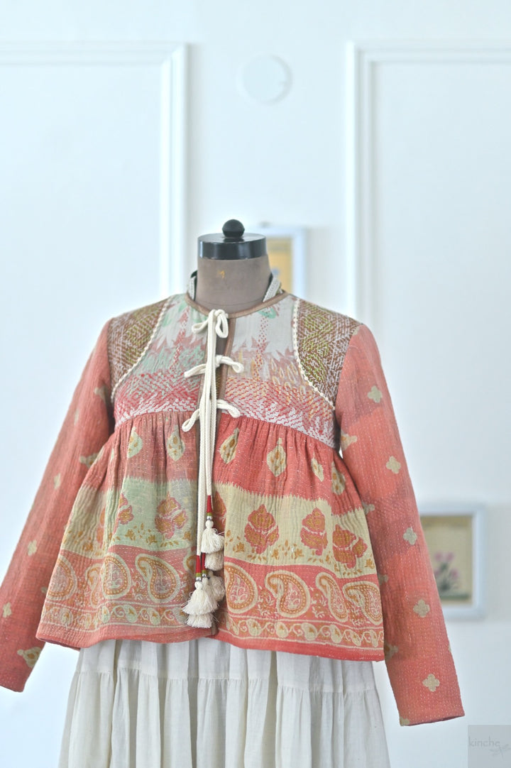 Small, Istanbul, Hand Crafted & Hand Embroidered Kantha Kediya Jacket in Orange - kinchecom