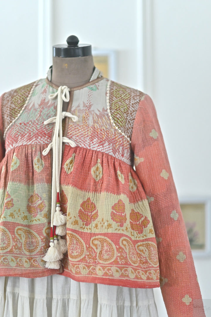 Small, Istanbul, Hand Crafted & Hand Embroidered Kantha Kediya Jacket in Orange - kinchecom