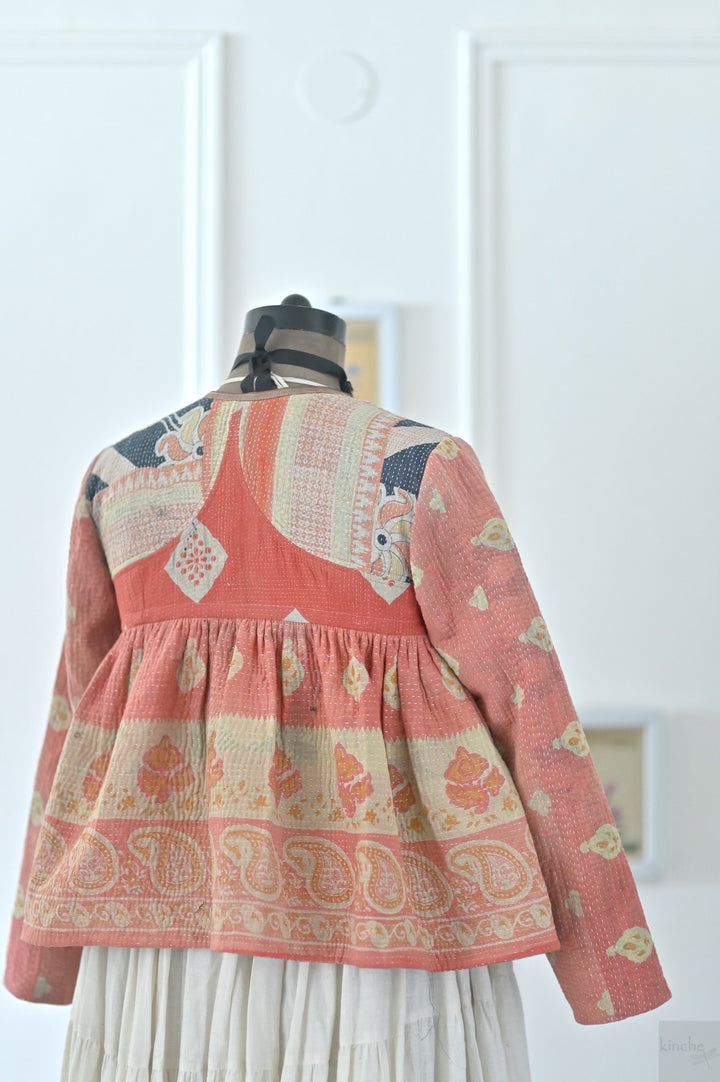 Small, Istanbul, Hand Crafted & Hand Embroidered Kantha Kediya Jacket in Orange - kinchecom