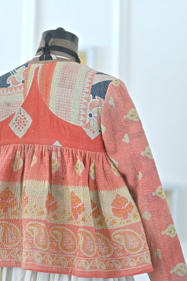 Small, Istanbul, Hand Crafted & Hand Embroidered Kantha Kediya Jacket in Orange - kinchecom