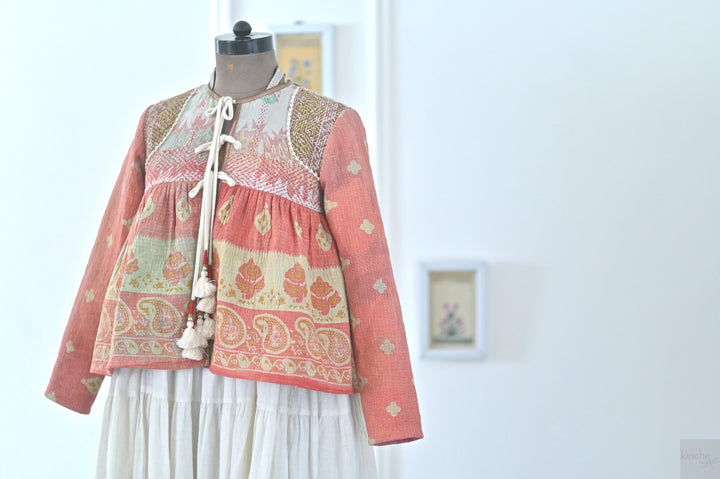Small, Istanbul, Hand Crafted & Hand Embroidered Kantha Kediya Jacket in Orange - kinchecom