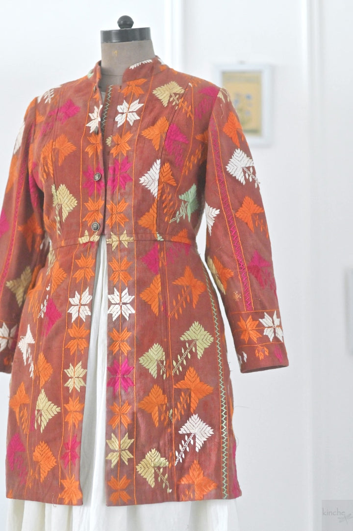 Gurkiran, Size large, Knee Length Jacket Made of Antique Phulkari Chaddar/ One of a Kind - kinchecom