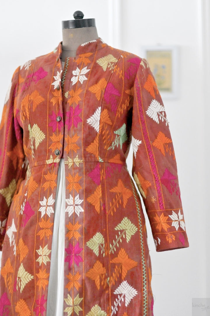Gurkiran, Size large, Knee Length Jacket Made of Antique Phulkari Chaddar/ One of a Kind - kinchecom