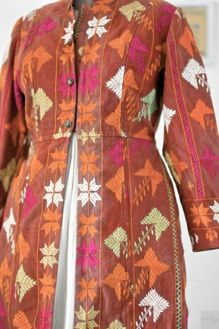 Gurkiran, Size large, Knee Length Jacket Made of Antique Phulkari Chaddar/ One of a Kind - kinchecom