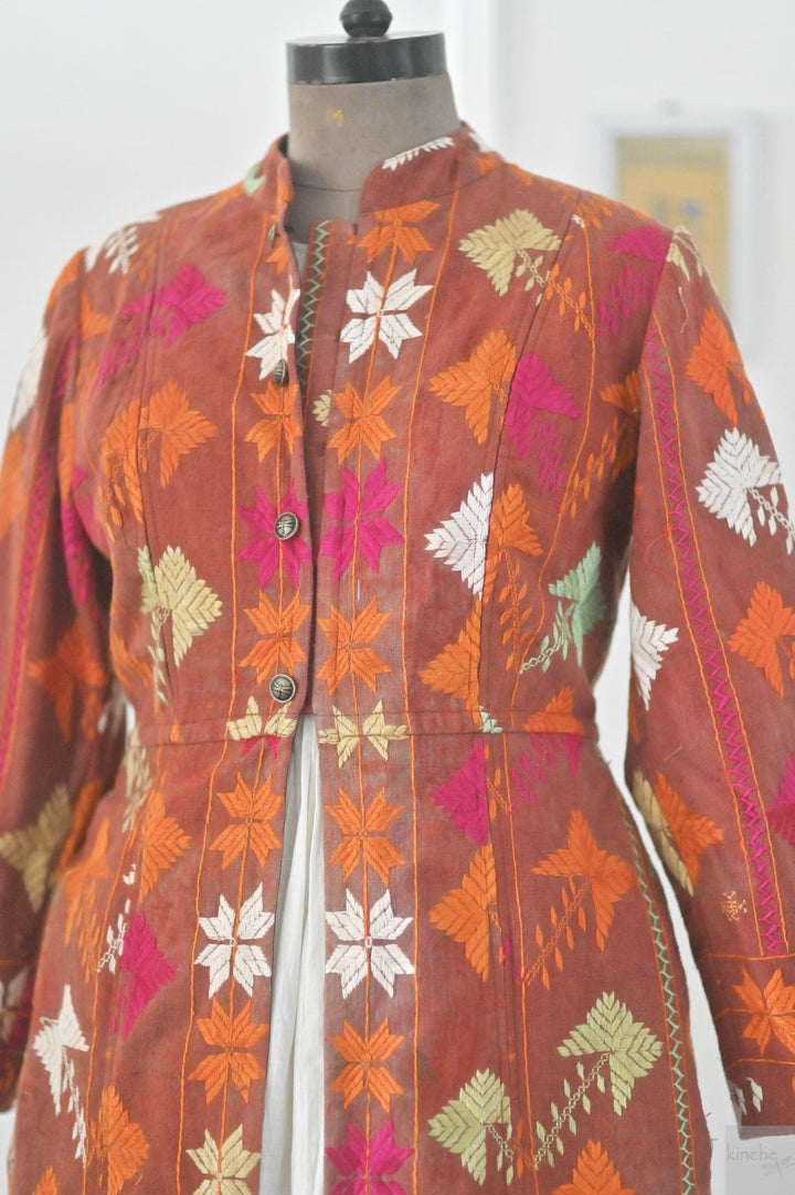 Gurkiran, Size large, Knee Length Jacket Made of Antique Phulkari Chaddar/ One of a Kind - kinchecom