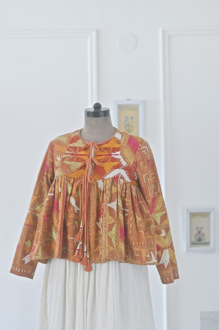 Simrit, Handmade Vintage Phulkari Cropped Boho Jacket, Kediya Style, Large - kinchecom