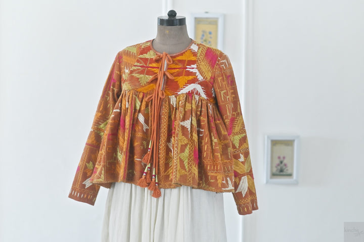 Simrit, Handmade Vintage Phulkari Cropped Boho Jacket, Kediya Style, Large - kinchecom