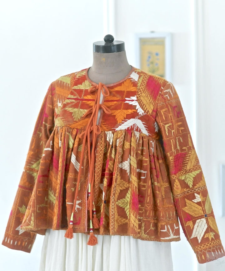 Simrit, Handmade Vintage Phulkari Cropped Boho Jacket, Kediya Style, Large - kinchecom