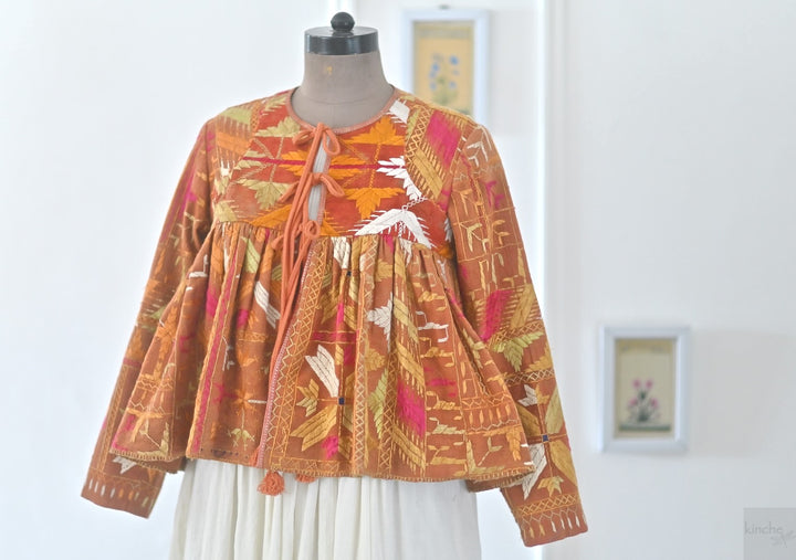 Simrit, Handmade Vintage Phulkari Cropped Boho Jacket, Kediya Style, Large - kinchecom
