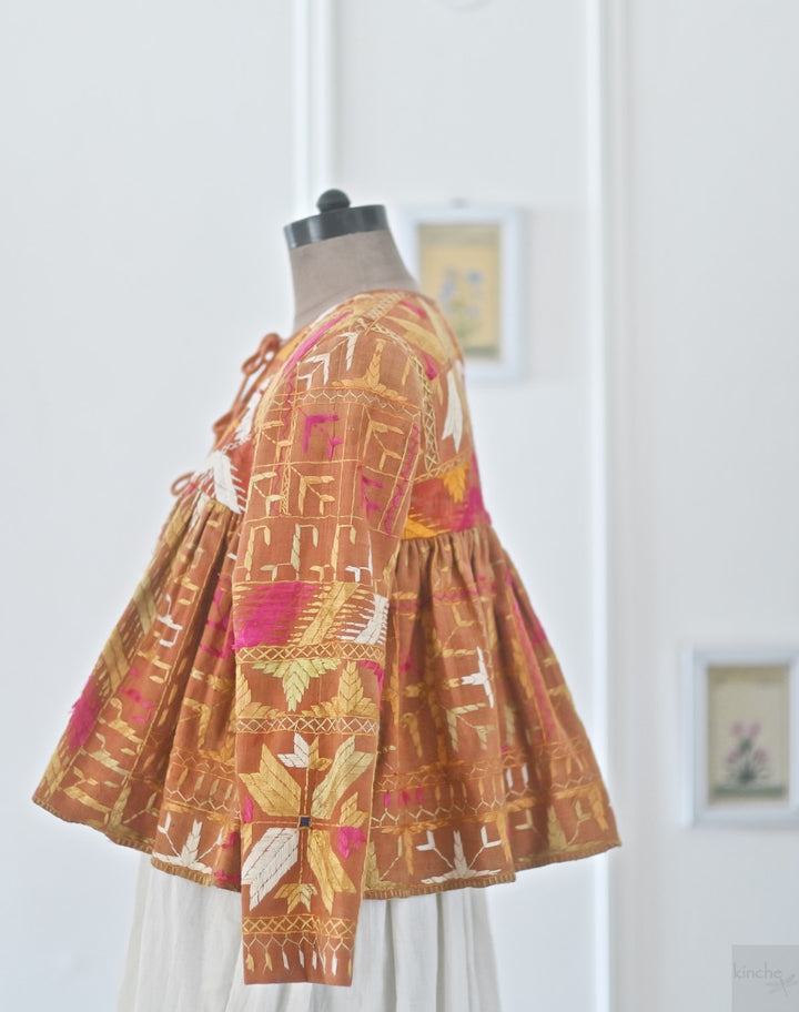 Simrit, Handmade Vintage Phulkari Cropped Boho Jacket, Kediya Style, Large - kinchecom