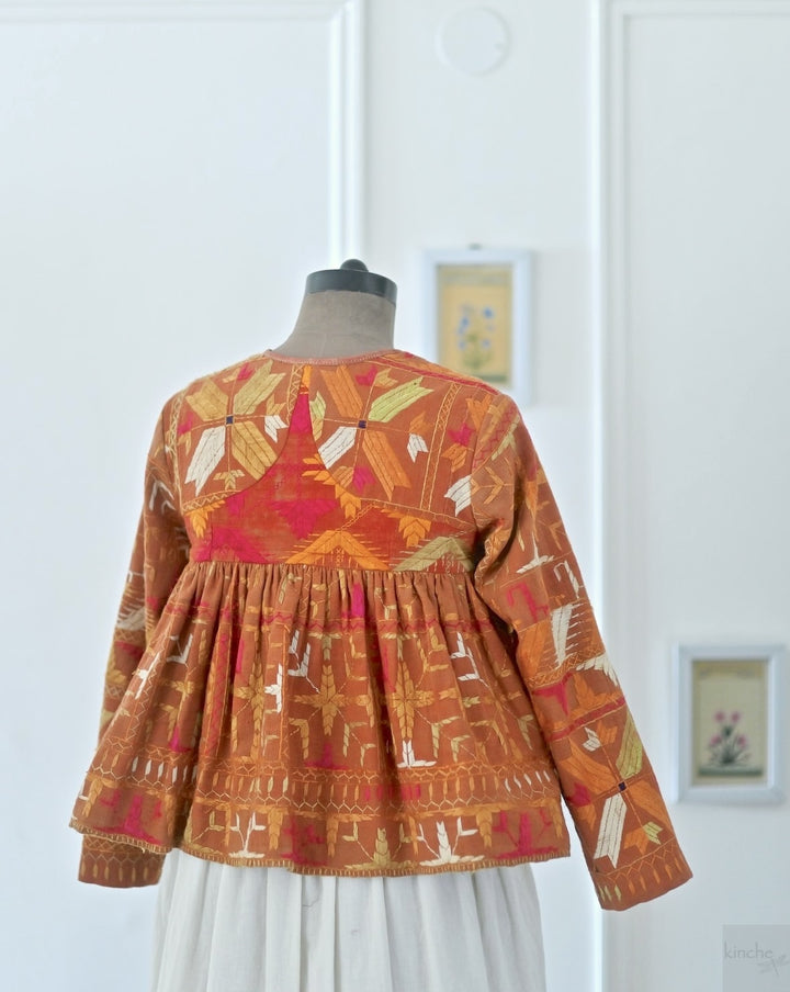 Simrit, Handmade Vintage Phulkari Cropped Boho Jacket, Kediya Style, Large - kinchecom