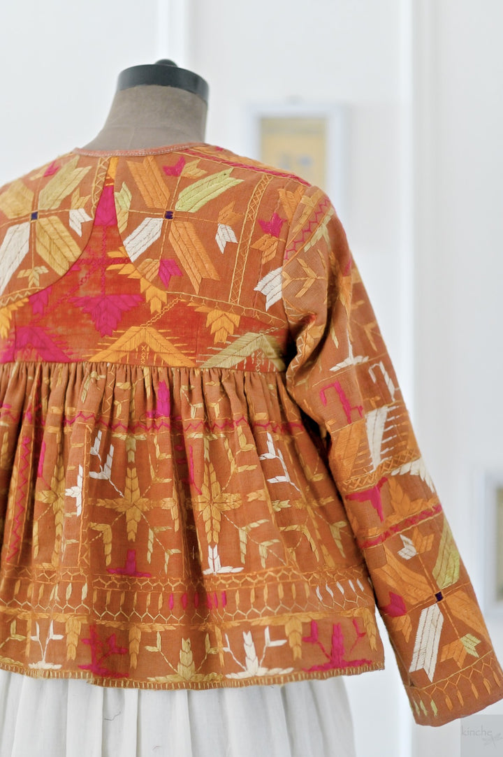 Simrit, Handmade Vintage Phulkari Cropped Boho Jacket, Kediya Style, Large - kinchecom