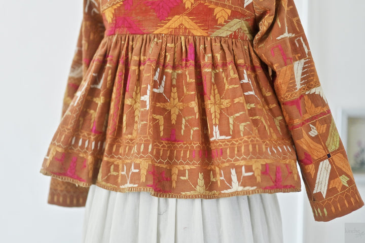 Simrit, Handmade Vintage Phulkari Cropped Boho Jacket, Kediya Style, Large - kinchecom