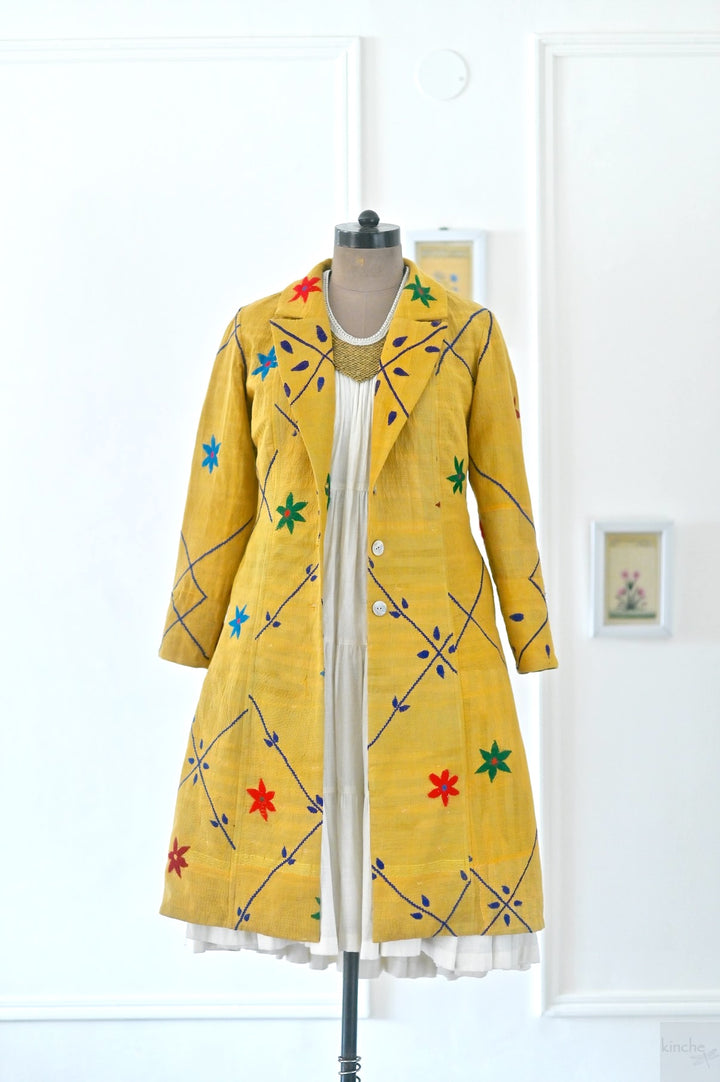 Large, 160, Vintage Quilt Long Coat with Brass Buttons, Sustainably Made, Bust 38 Inches - kinchecom