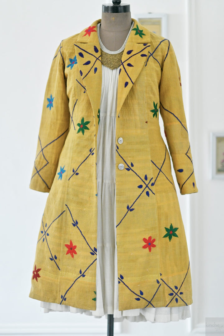 Large, 160, Vintage Quilt Long Coat with Brass Buttons, Sustainably Made, Bust 38 Inches - kinchecom