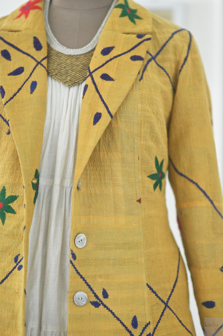 Large, 160, Vintage Quilt Long Coat with Brass Buttons, Sustainably Made, Bust 38 Inches - kinchecom