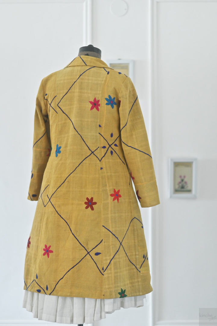 Large, 160, Vintage Quilt Long Coat with Brass Buttons, Sustainably Made, Bust 38 Inches - kinchecom