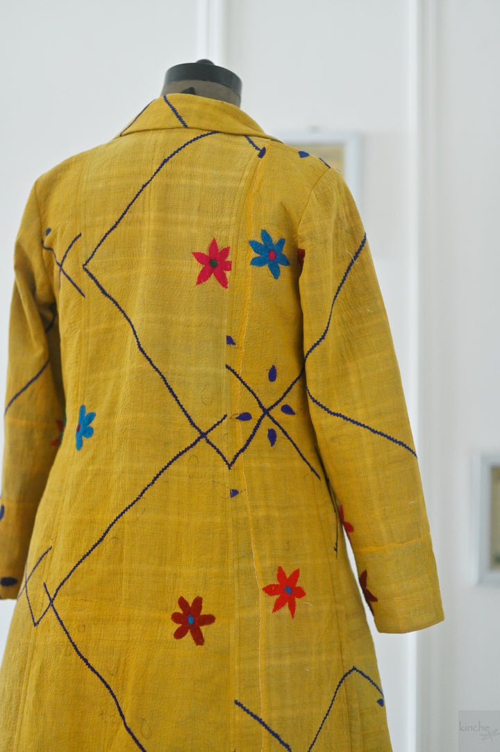 Large, 160, Vintage Quilt Long Coat with Brass Buttons, Sustainably Made, Bust 38 Inches - kinchecom