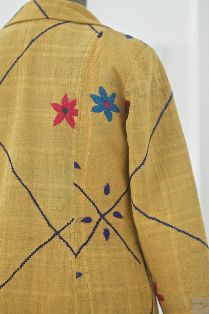 Large, 160, Vintage Quilt Long Coat with Brass Buttons, Sustainably Made, Bust 38 Inches - kinchecom