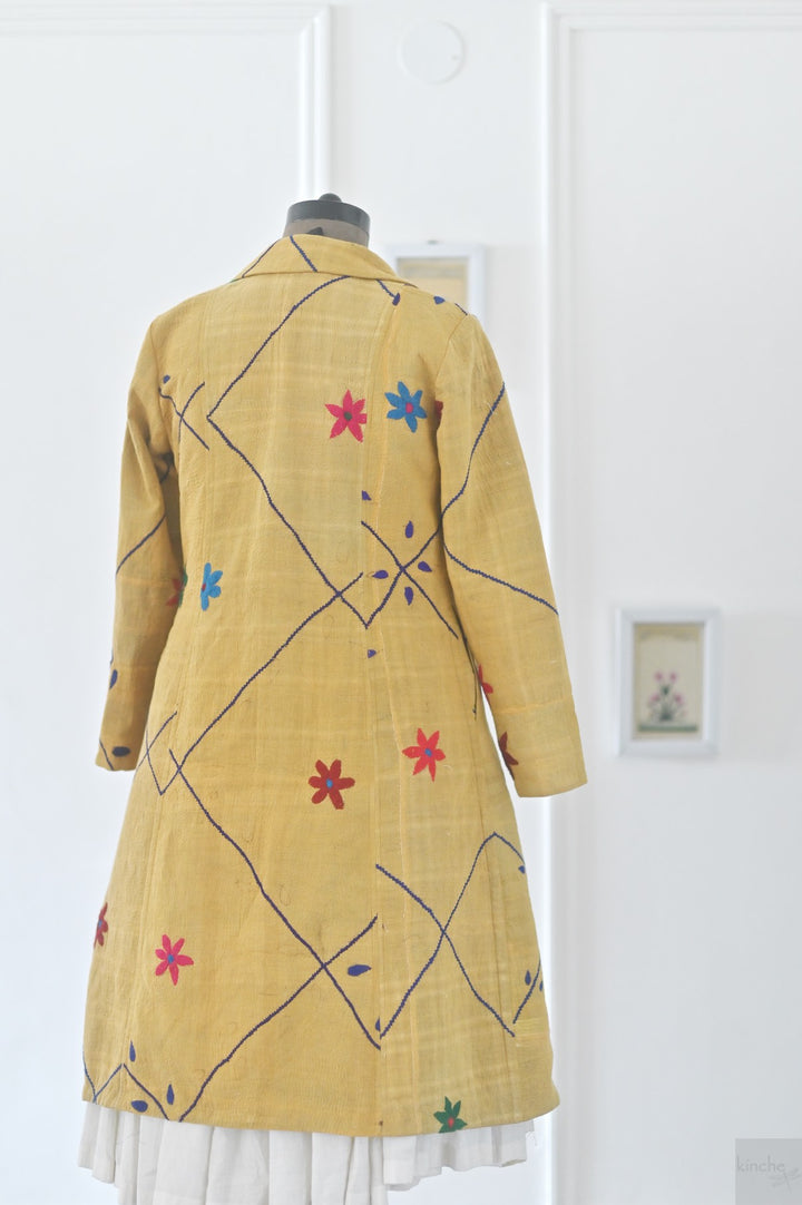 Large, 160, Vintage Quilt Long Coat with Brass Buttons, Sustainably Made, Bust 38 Inches - kinchecom