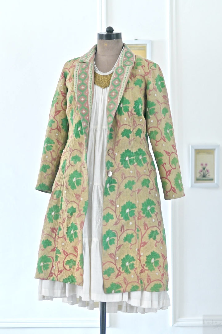 Medium, Luna, Vintage Quilt Long Coat with Brass Buttons, Sustainably Made - kinchecom