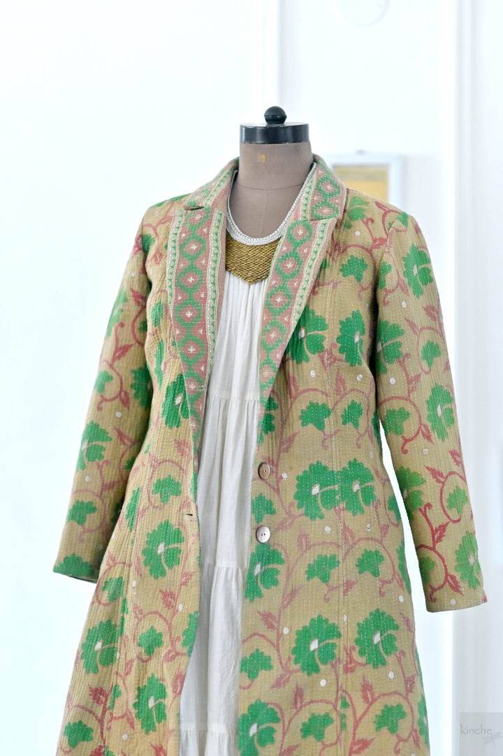 Medium, Luna, Vintage Quilt Long Coat with Brass Buttons, Sustainably Made - kinchecom