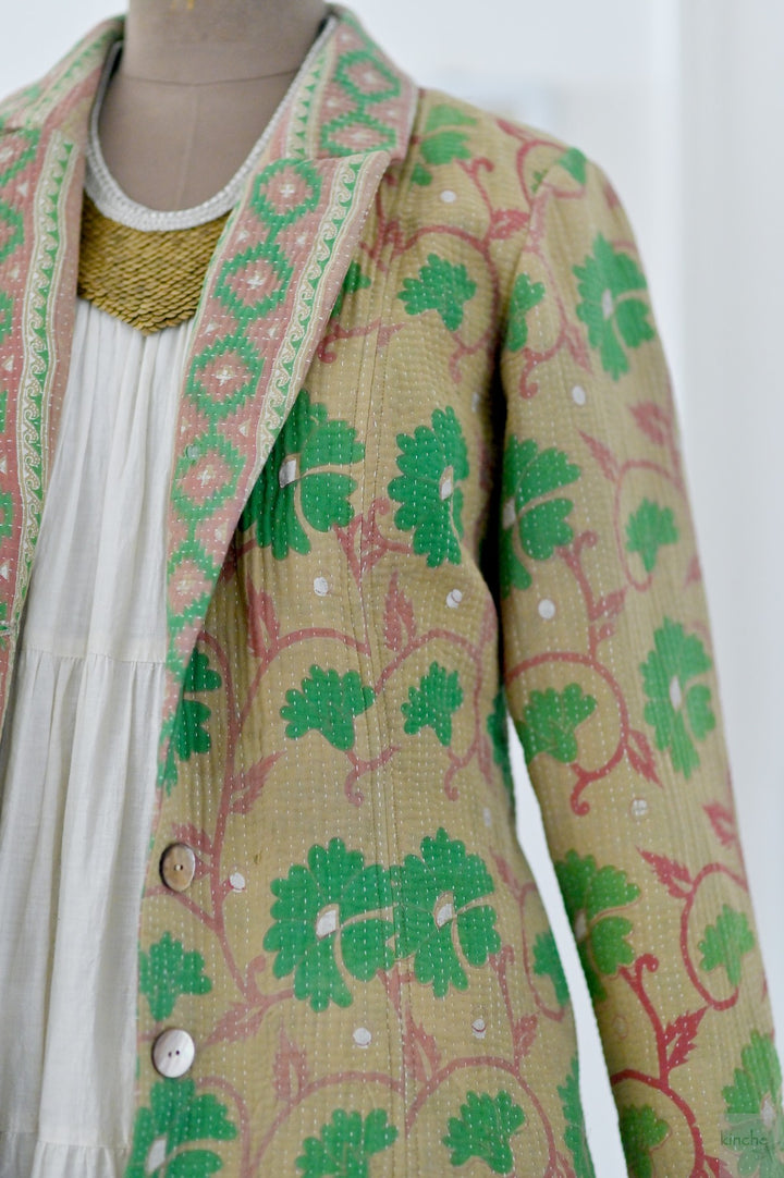 Medium, Luna, Vintage Quilt Long Coat with Brass Buttons, Sustainably Made - kinchecom