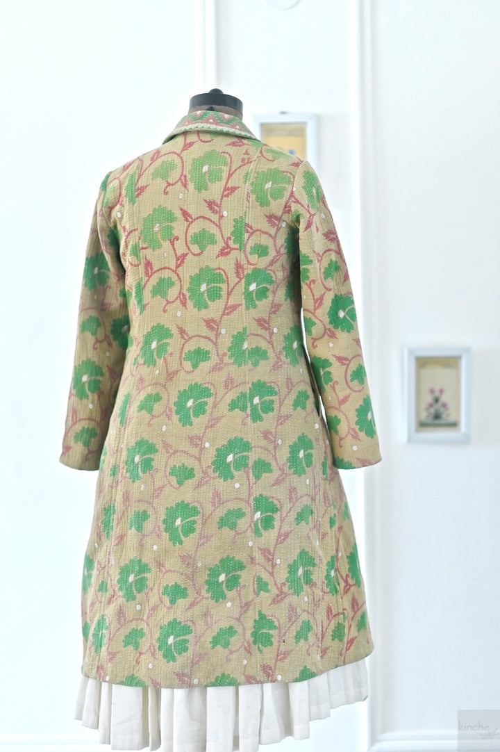 Medium, Luna, Vintage Quilt Long Coat with Brass Buttons, Sustainably Made - kinchecom