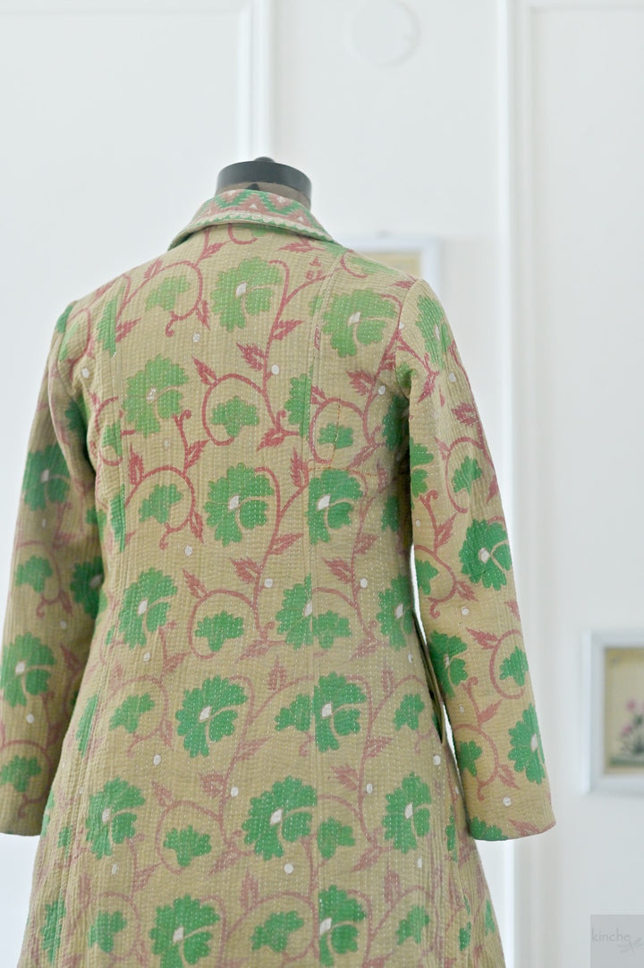 Medium, Luna, Vintage Quilt Long Coat with Brass Buttons, Sustainably Made - kinchecom