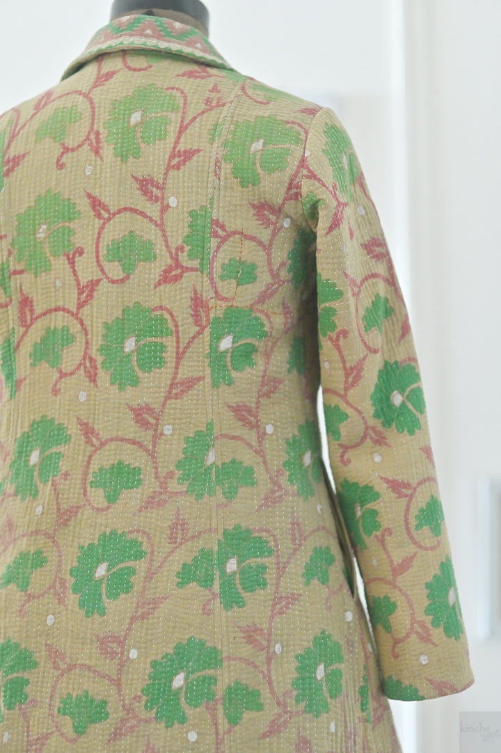 Medium, Luna, Vintage Quilt Long Coat with Brass Buttons, Sustainably Made - kinchecom
