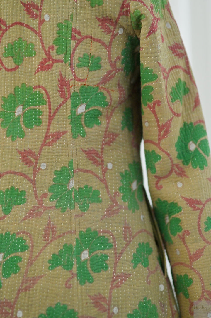 Medium, Luna, Vintage Quilt Long Coat with Brass Buttons, Sustainably Made - kinchecom