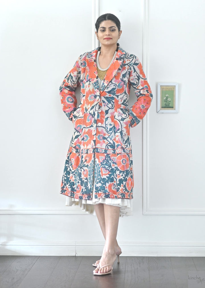 Medium, Adya, Vintage Kantha and Block Print Quilt Long Blazer, One of a Kind - kinchecom