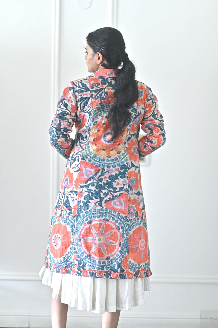 Medium, Adya, Vintage Kantha and Block Print Quilt Long Blazer, One of a Kind - kinchecom