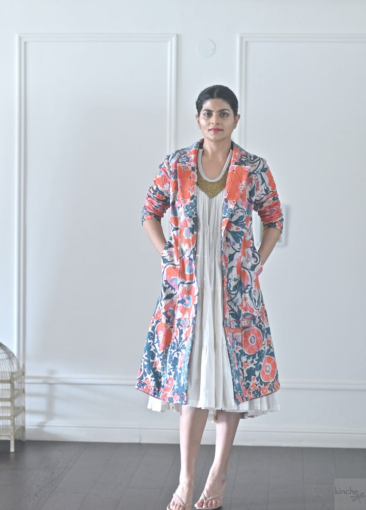 Medium, Adya, Vintage Kantha and Block Print Quilt Long Blazer, One of a Kind - kinchecom