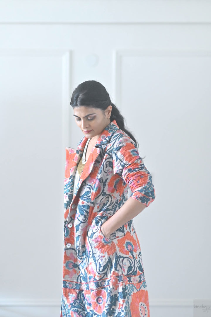 Medium, Adya, Vintage Kantha and Block Print Quilt Long Blazer, One of a Kind - kinchecom