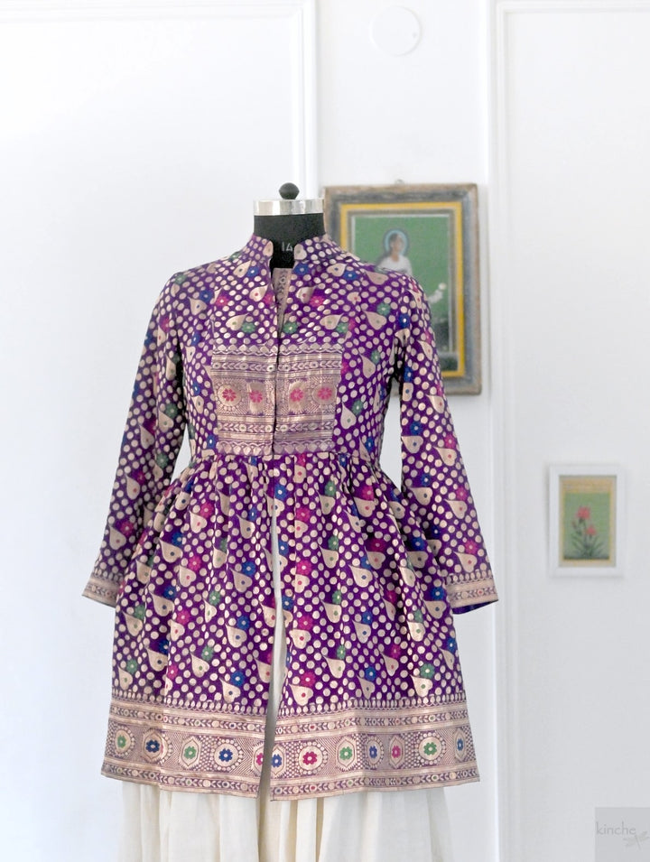 Rabia, Vintage Zari Saree Long Jacket in Deep Purple & Gold, Large & XL