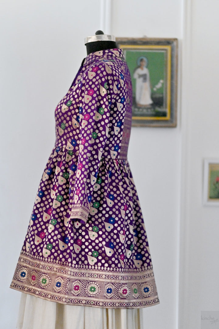 Rabia, Vintage Zari Saree Long Jacket in Deep Purple & Gold, Large & XL