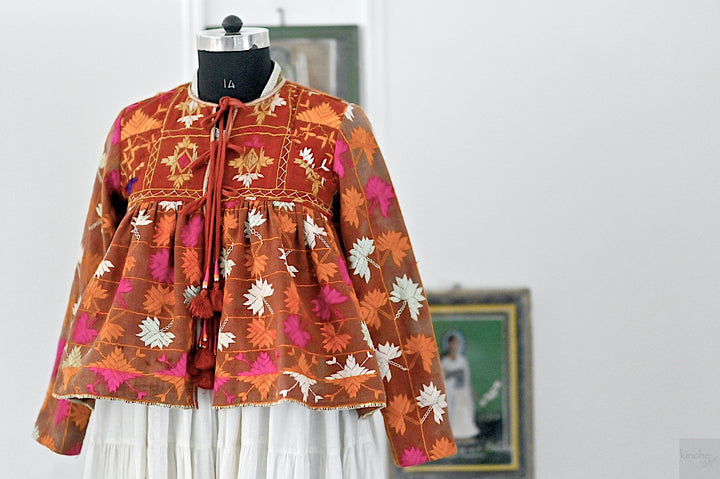 Avreen, Handmade Vintage Phulkari Cropped Boho Jacket, Kediya Style, Large