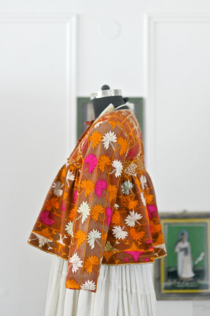 Avreen, Handmade Vintage Phulkari Cropped Boho Jacket, Kediya Style, Large