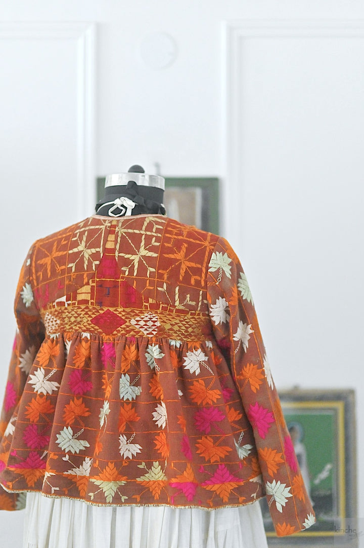 Avreen, Handmade Vintage Phulkari Cropped Boho Jacket, Kediya Style, Large