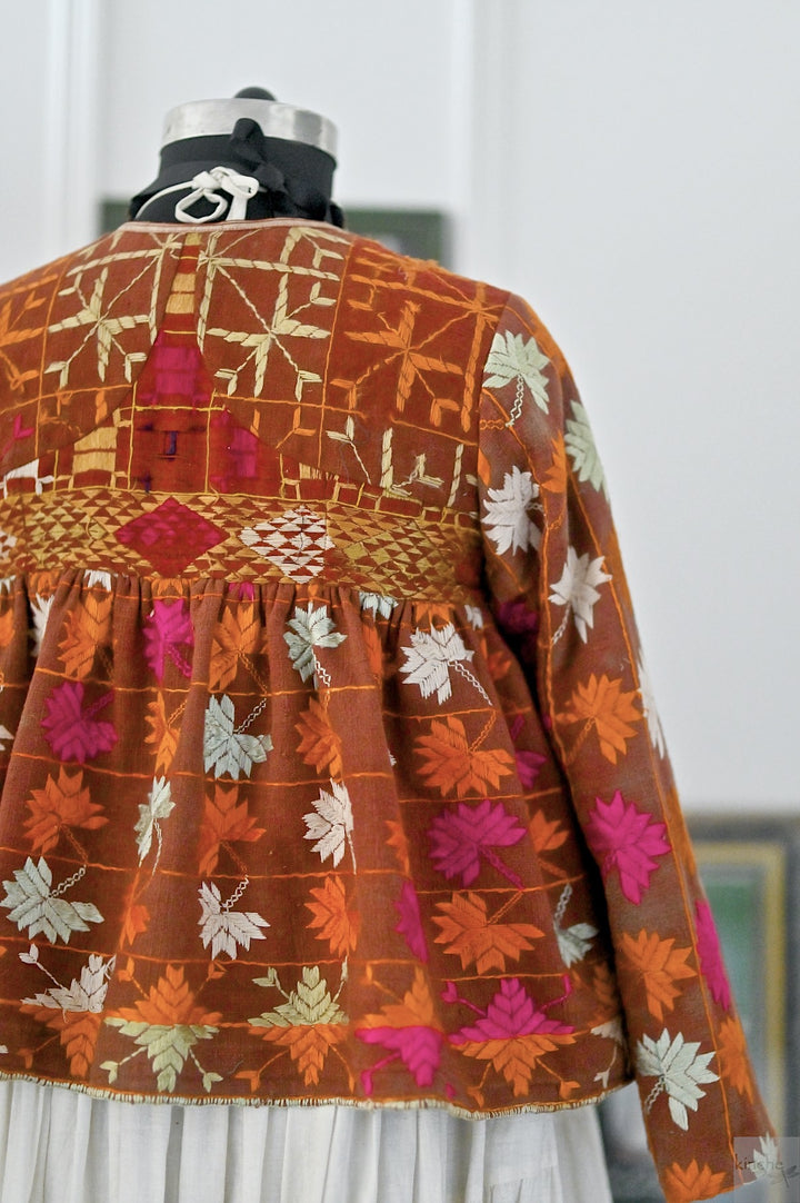 Avreen, Handmade Vintage Phulkari Cropped Boho Jacket, Kediya Style, Large