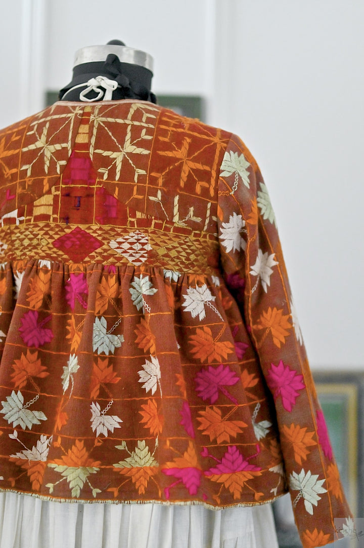 Avreen, Handmade Vintage Phulkari Cropped Boho Jacket, Kediya Style, Large