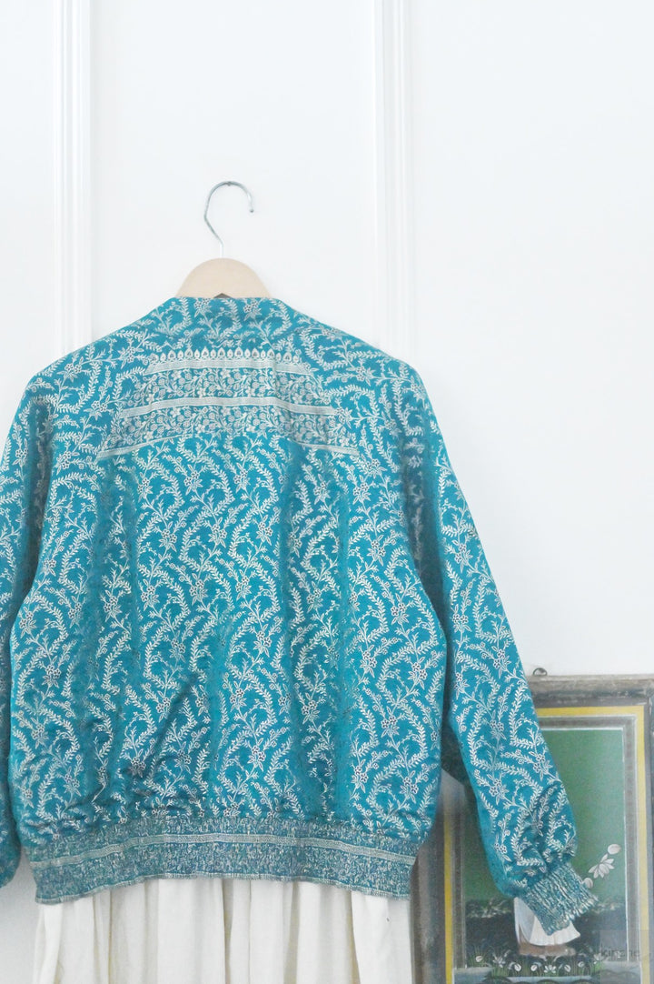Leela, Handmade, Vintage Silk Saree Bomber in Turquoise & Silver weave