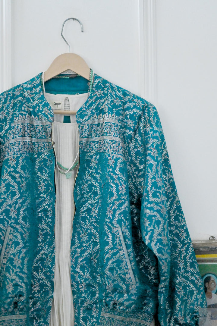 Leela, Handmade, Vintage Silk Saree Bomber in Turquoise & Silver weave