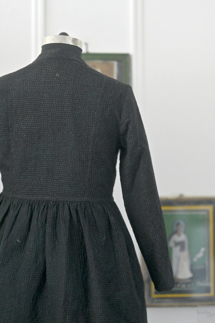 Lily, Black Long jacket made with Vintage Kantha, Hand Embroidered, Large