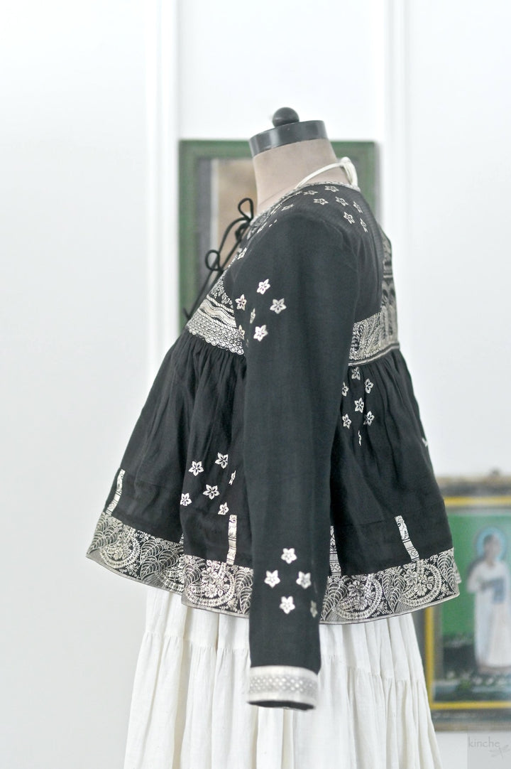 Durba, Handmade, Vintage Silk Saree Kediya in Black & Silver Zari, Medium
