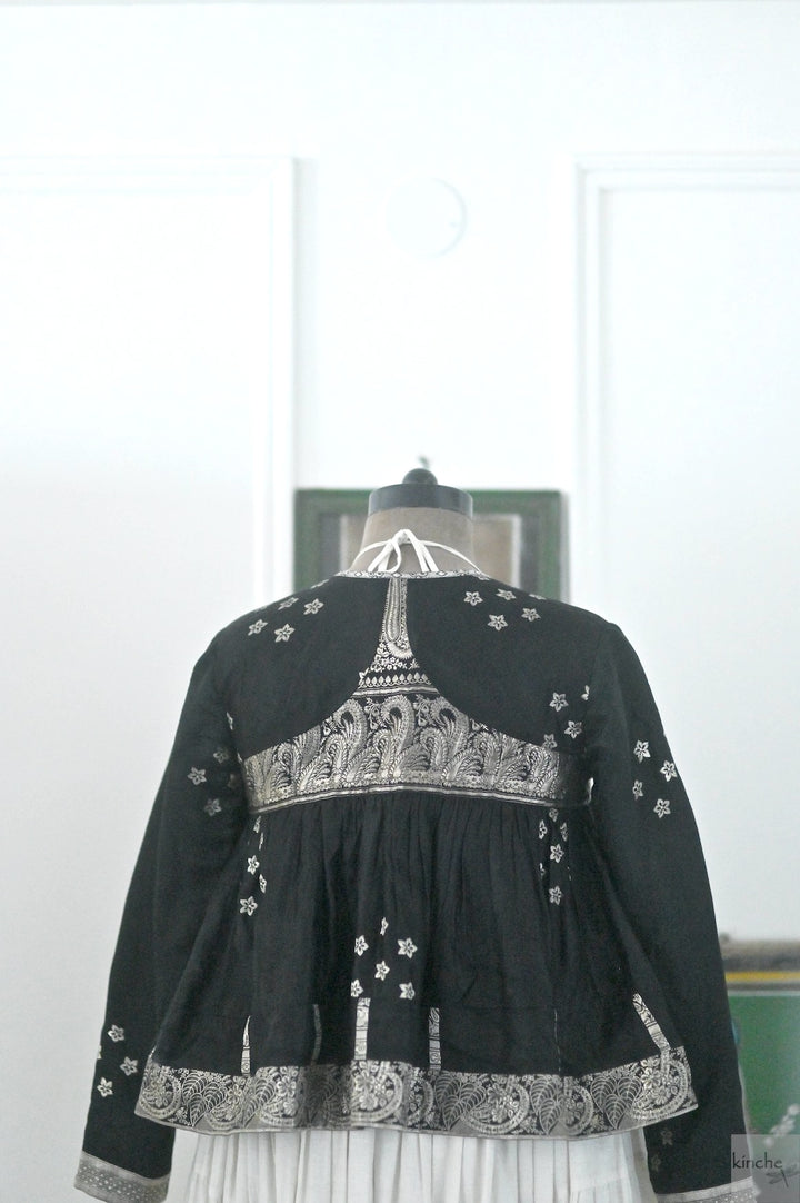 Durba, Handmade, Vintage Silk Saree Kediya in Black & Silver Zari, Medium
