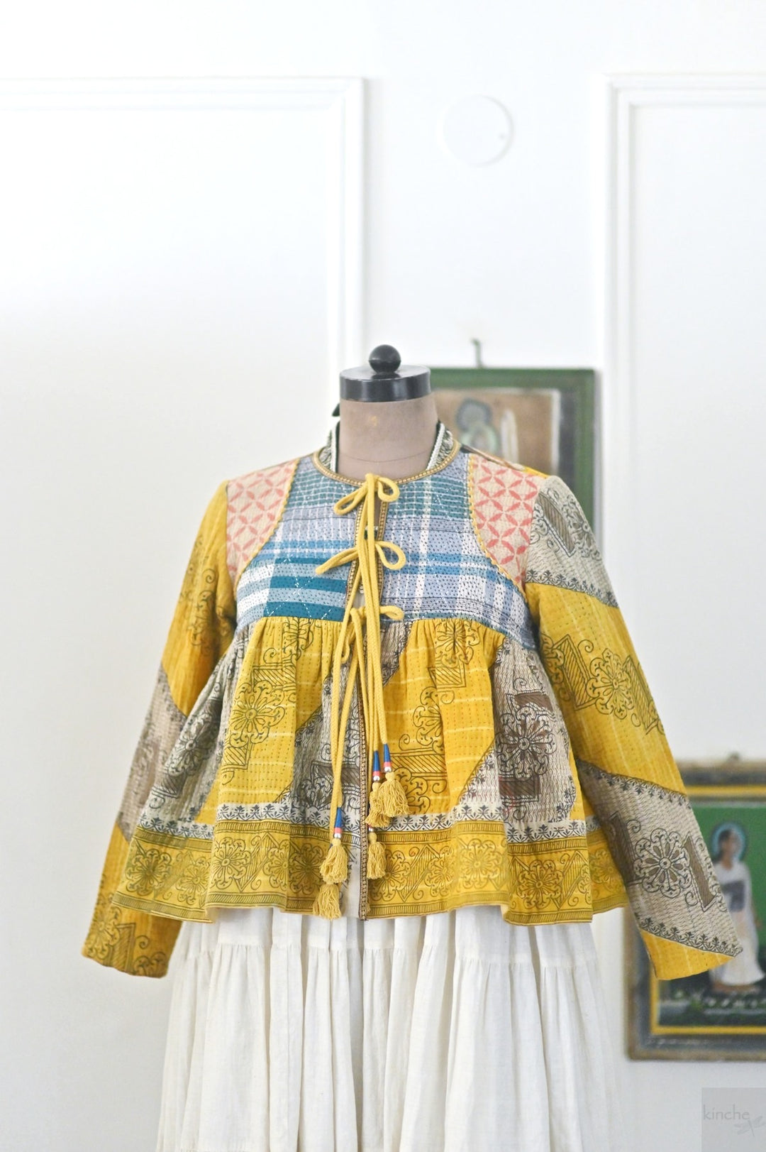 Medium, New York, Hand Crafted & Hand Embroidered Kantha Kediya Jacket in Yellow