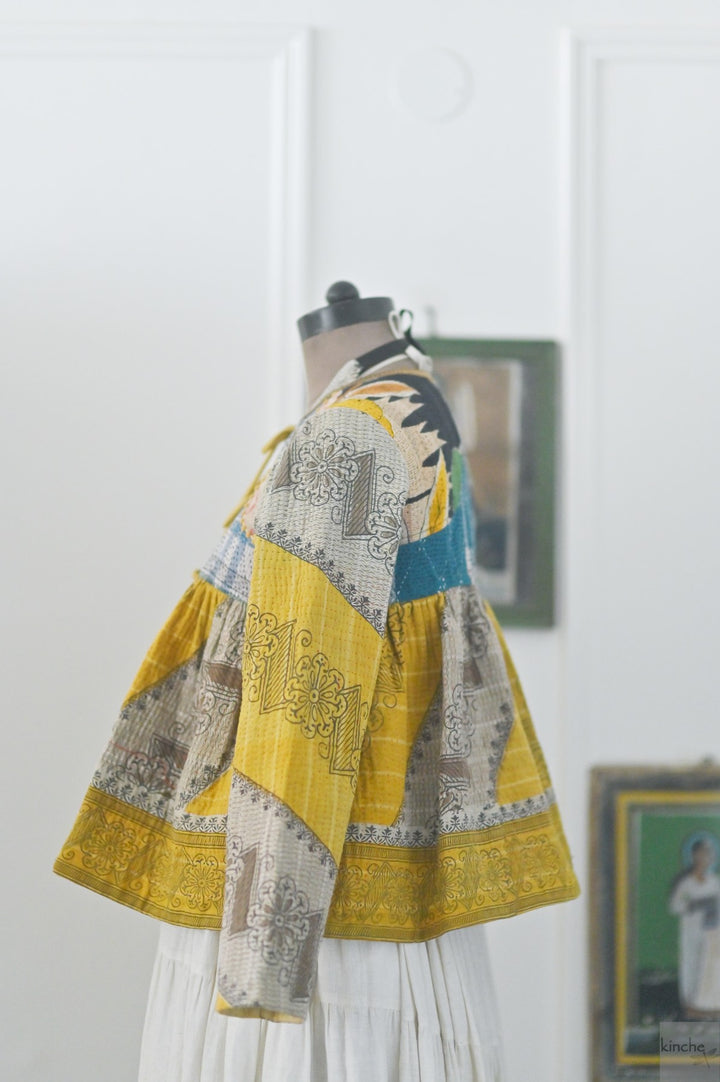 Medium, New York, Hand Crafted & Hand Embroidered Kantha Kediya Jacket in Yellow